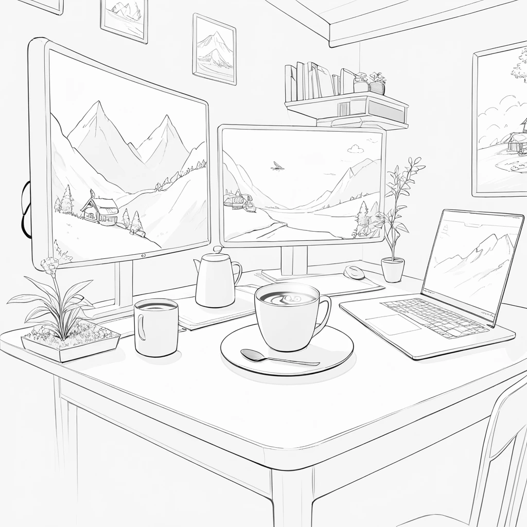 Tasse de café avec vapeur holographique projetant de minuscules paysages