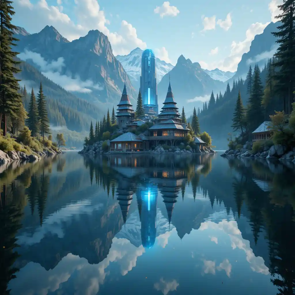 Calmo lago di montagna che riflette un vibrante portale di città futuristica