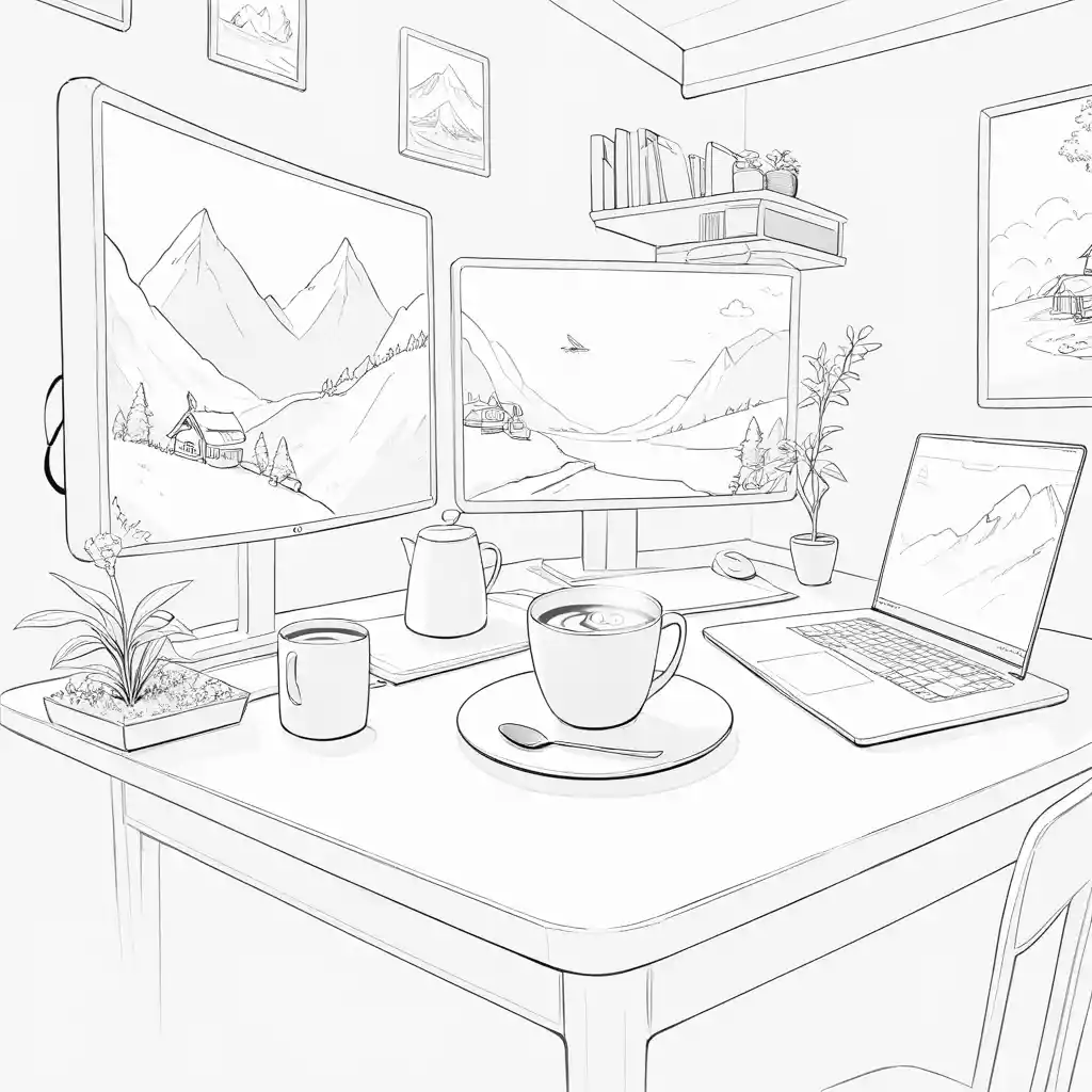 Tasse de café avec vapeur holographique projetant de minuscules paysages