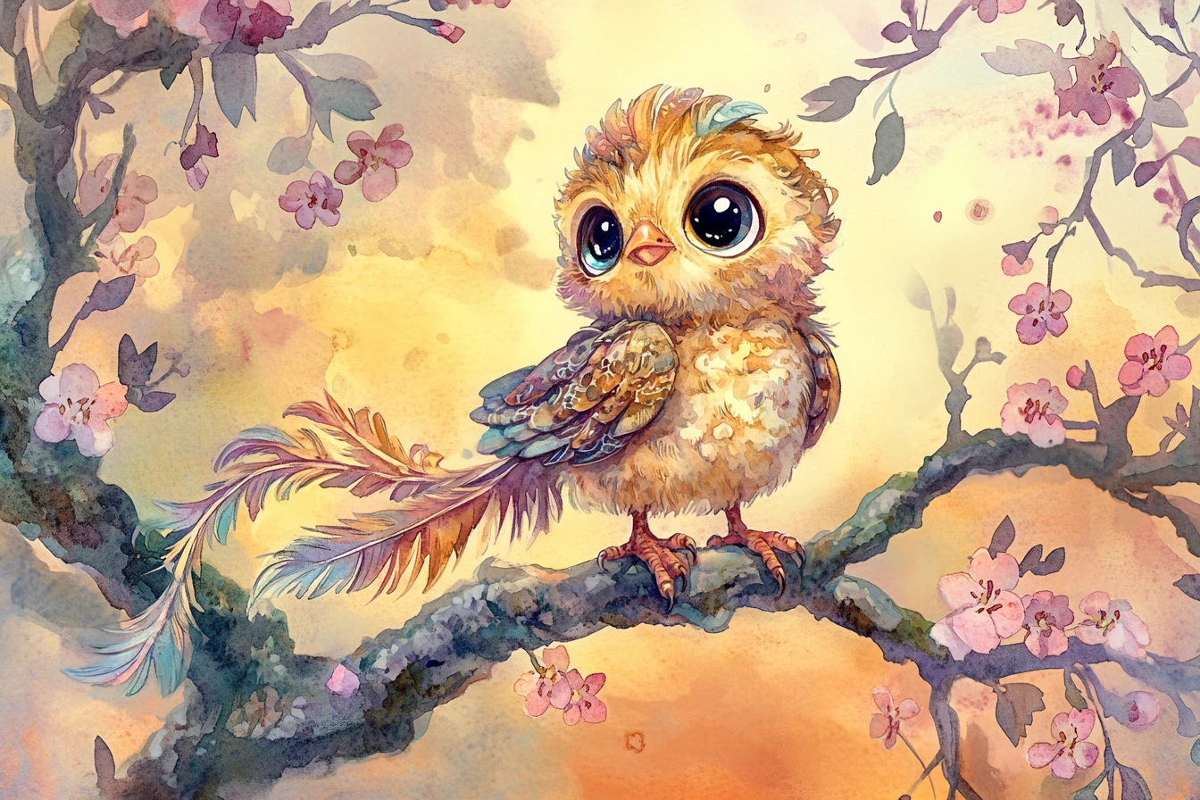Grazioso cucciolo di simurgh appollaiato su un ramo fiorito