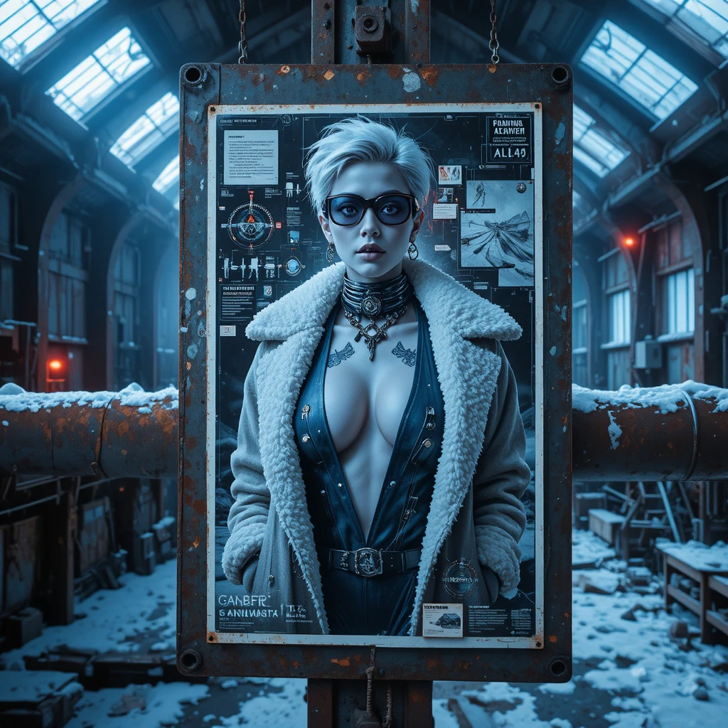 Cyberpunk femme fatale poster in arctic industrial ruin