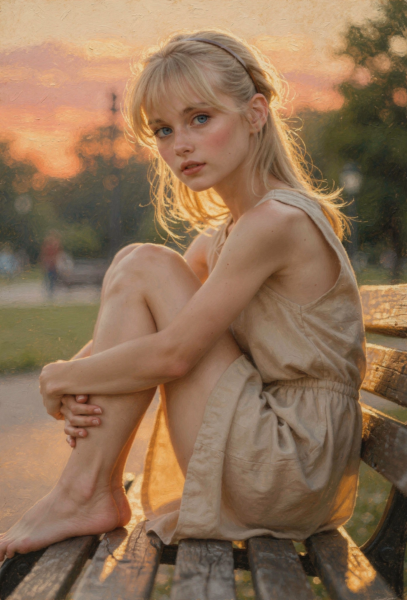Blondes Mädchen im beigefarbenen Sommerkleid sitzt auf einer Bank