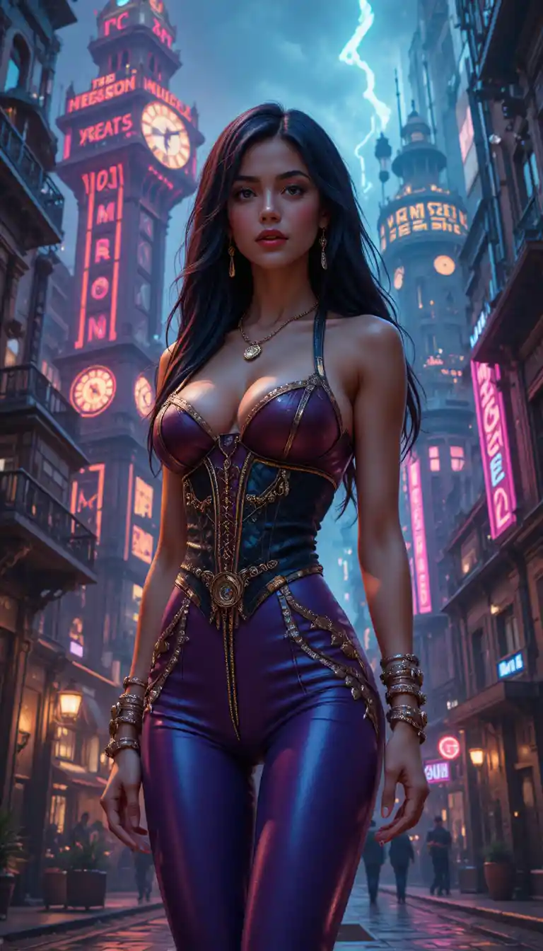 Femme glamour dans un paysage urbain steampunk néon