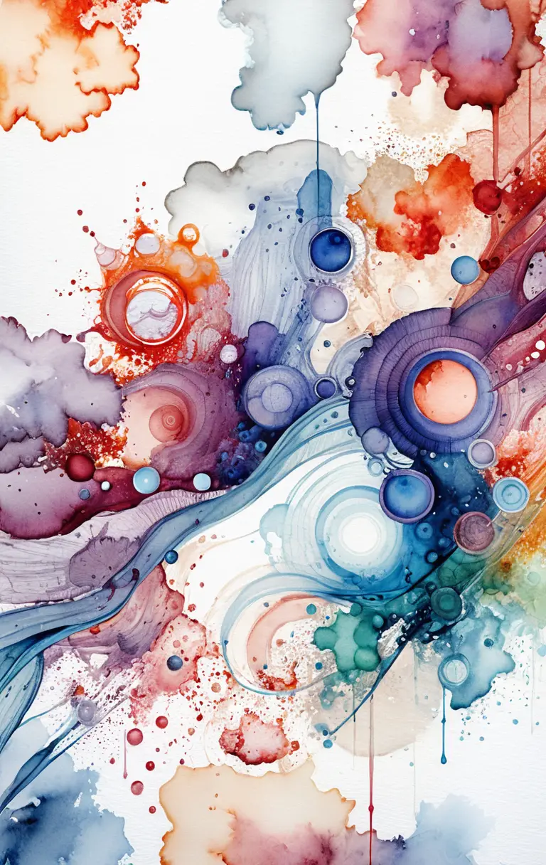 Abstract watercolor swirl with botanical ink details