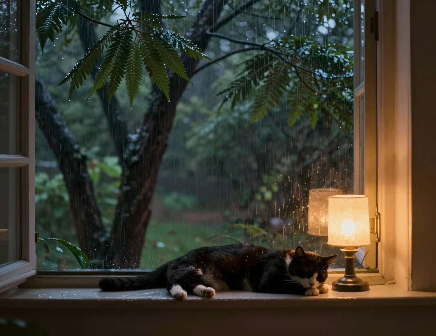 Janela aconchegante à luz do abajur com gato preto e branco dormindo