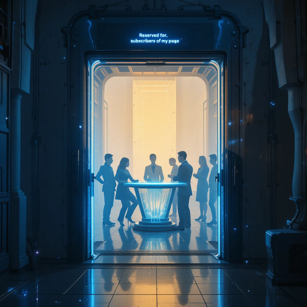 Futuristische Tür öffnet sich zu leuchtendem Cyberpunk-Konferenzraum