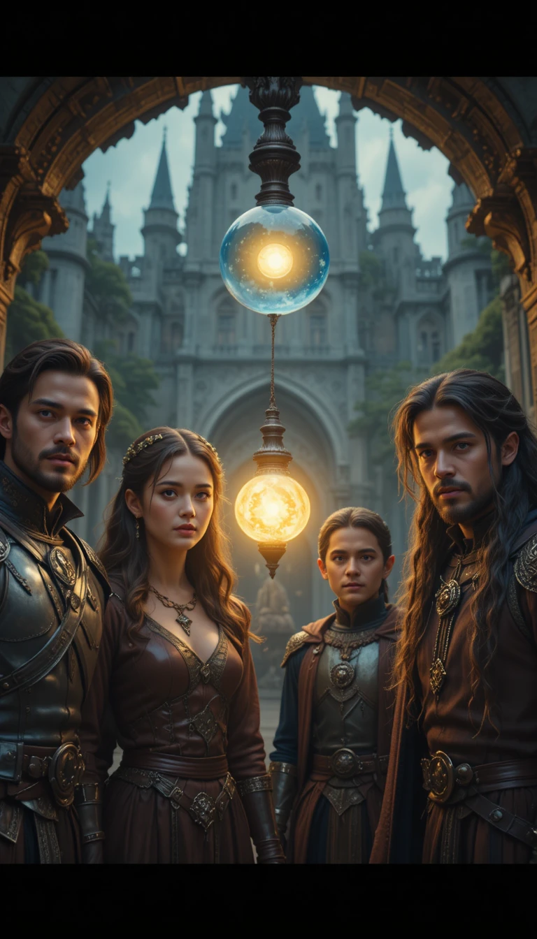 Quatre aventuriers fantastiques devant un orbe de château lumineux