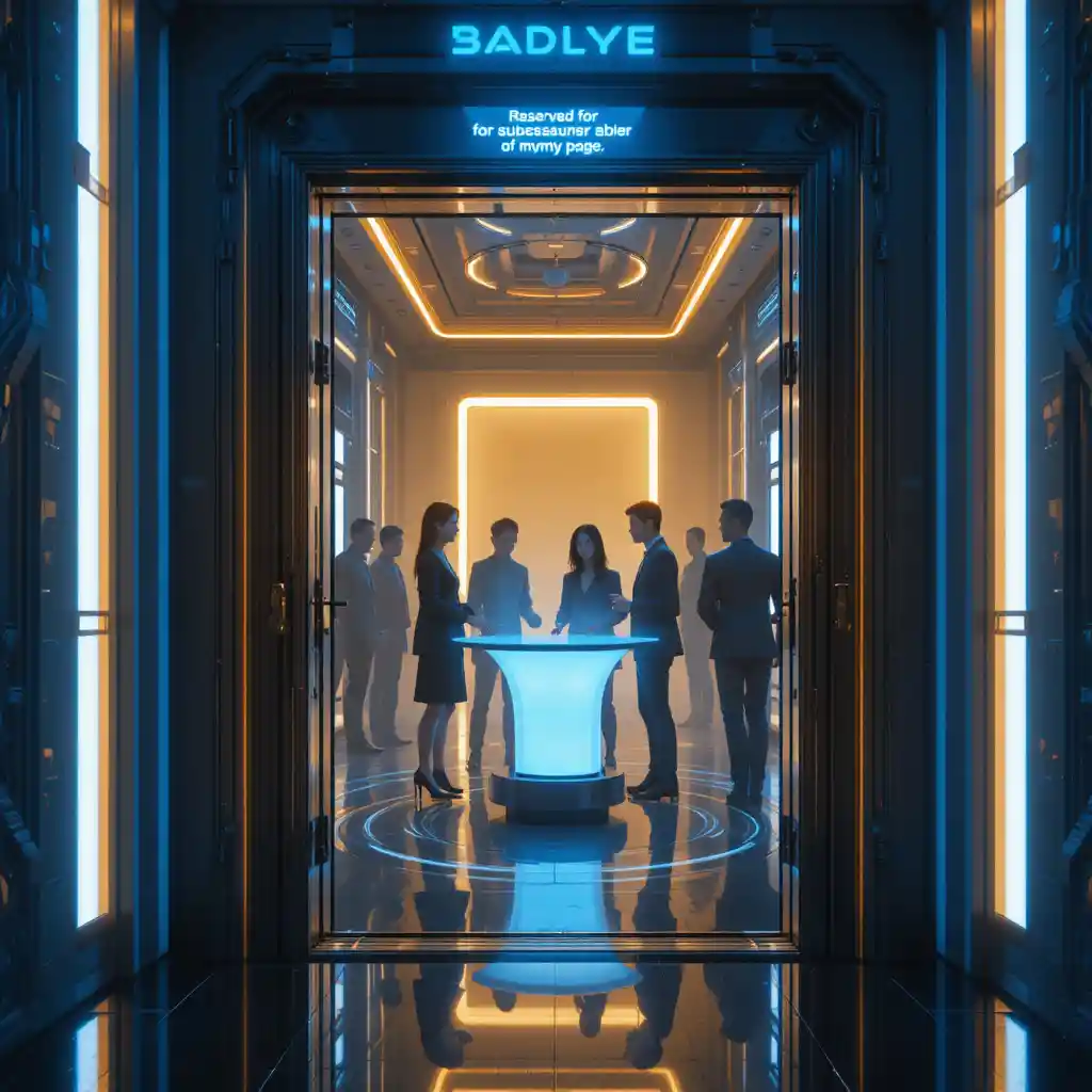 Futuristische Tür mit goldenem Licht und fernen Gestalten