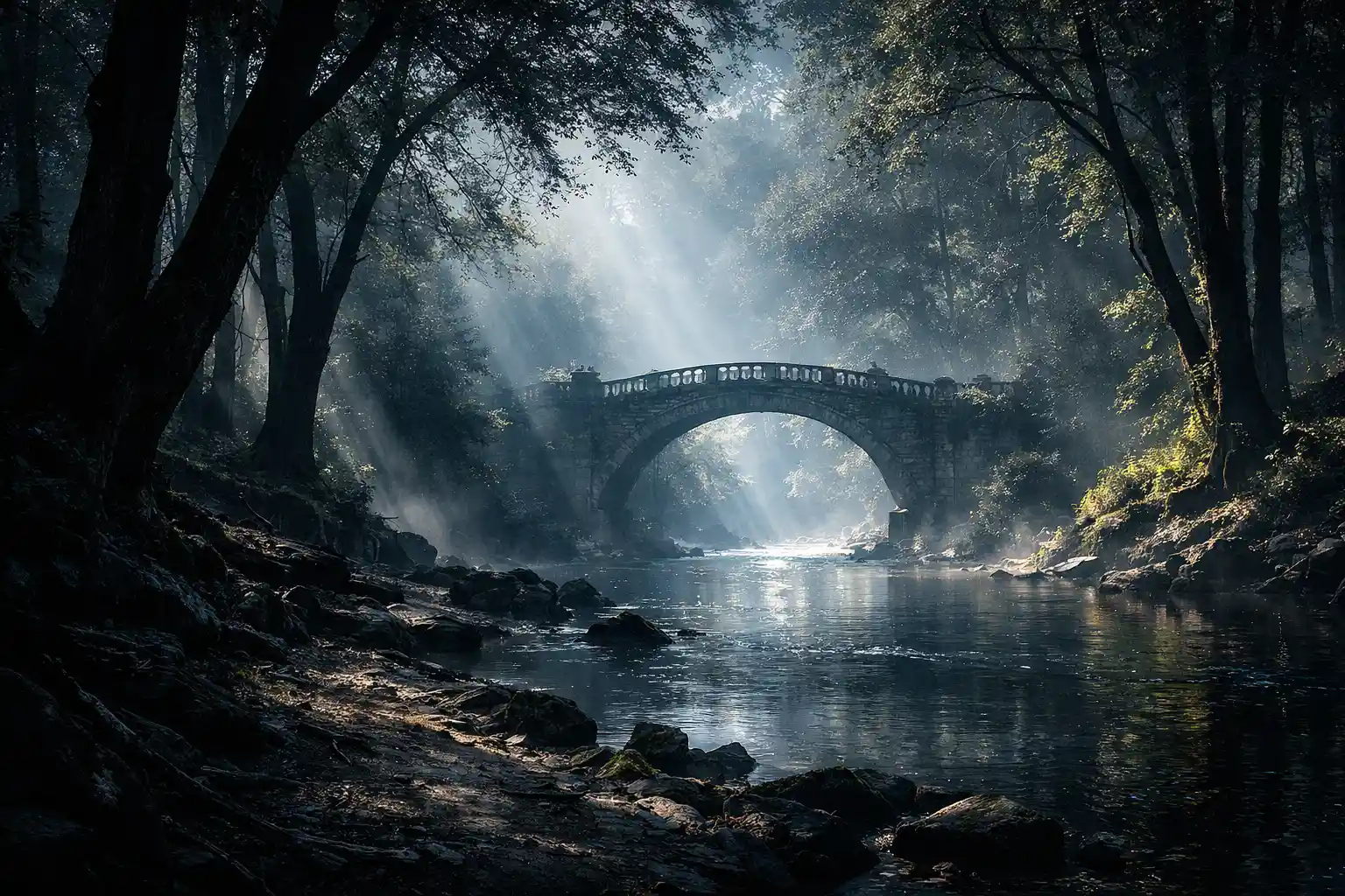 Fiume ombroso in una foresta con ponte ad arco decentrato