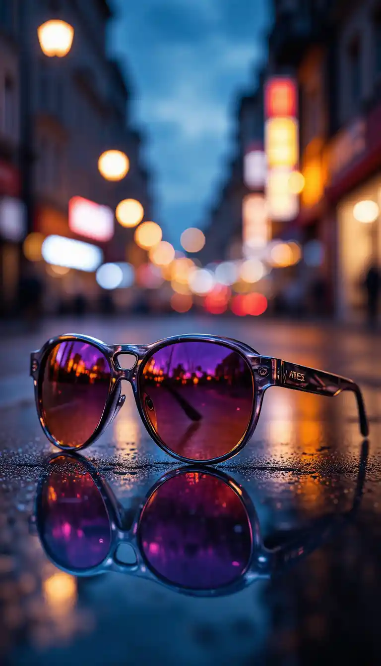Reflektierende Sonnenbrille auf einer Stadtstraße mit buntem Bokeh