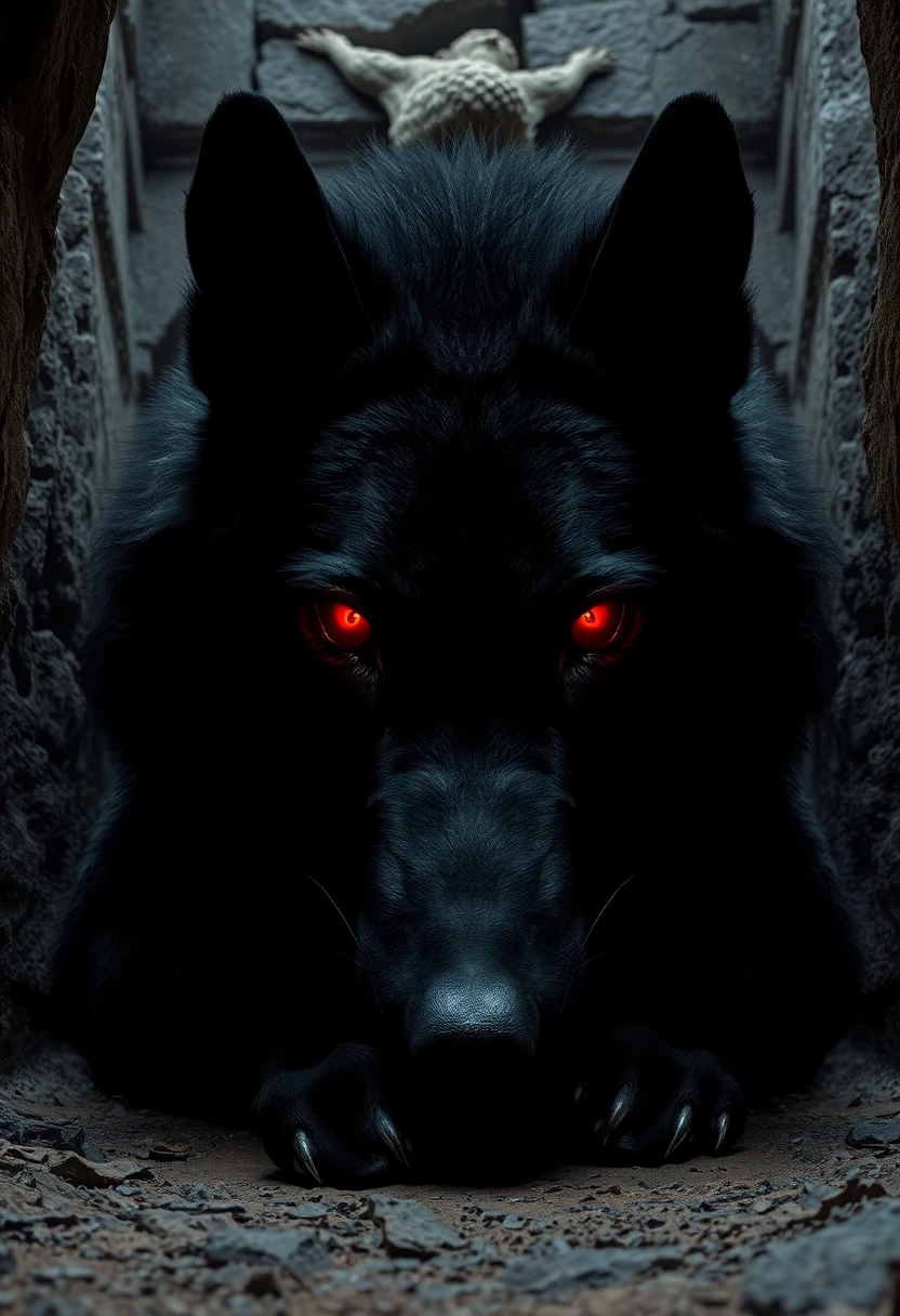Lobo negro gigante com olhos vermelhos brilhantes na escuridão
