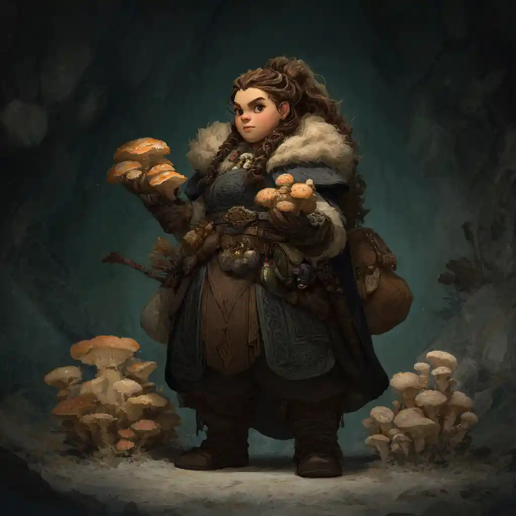 Dark fantasy dwarf druid woman in a cavern shrine