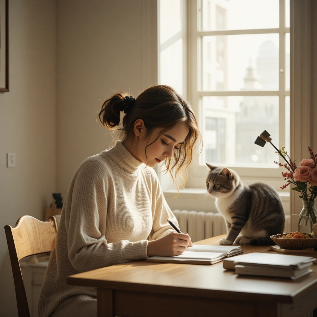 Donna che scrive sul diario a una scrivania accanto a un gatto tranquillo