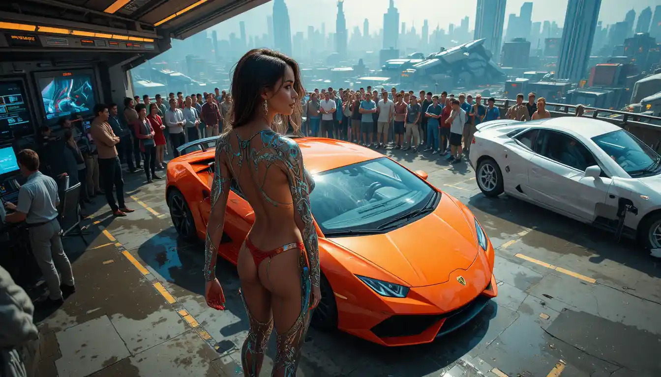 Lamborghini Huracan viola in mostra in un parcheggio affollato
