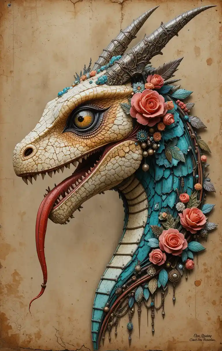 Portrait de profil d’un dragon steampunk avec œil turquoise orné