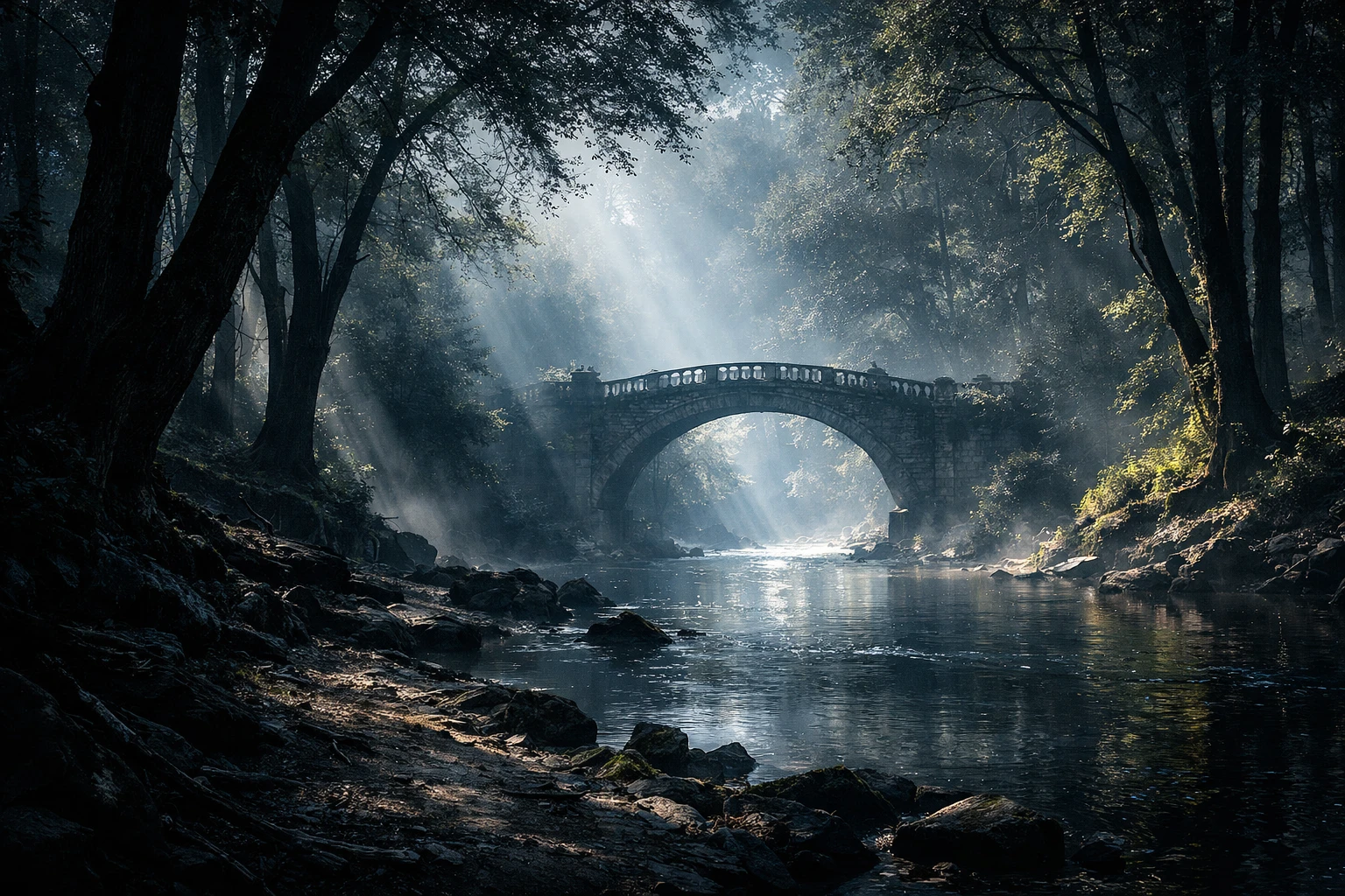 Fiume ombroso in una foresta con ponte ad arco decentrato