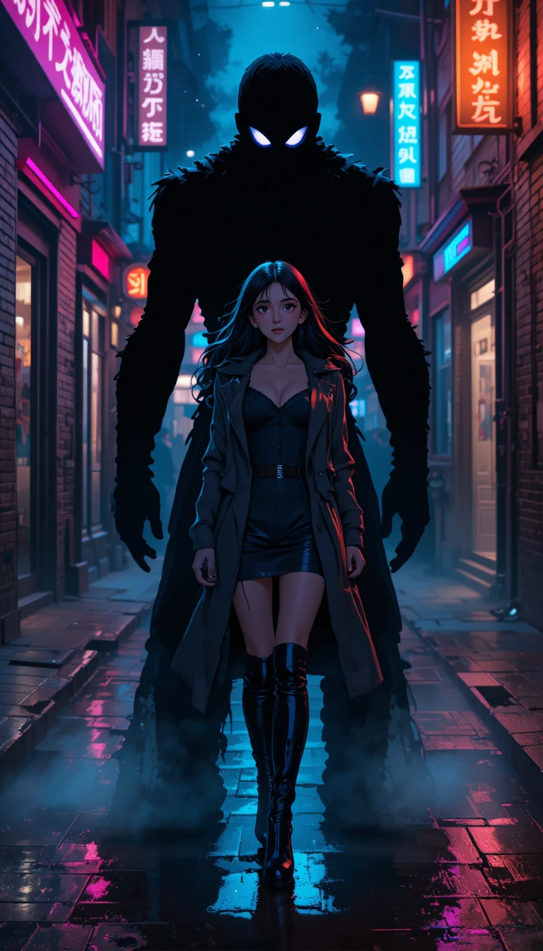 Heroína de anime caminhando sozinha em uma rua urbana iluminada por néon