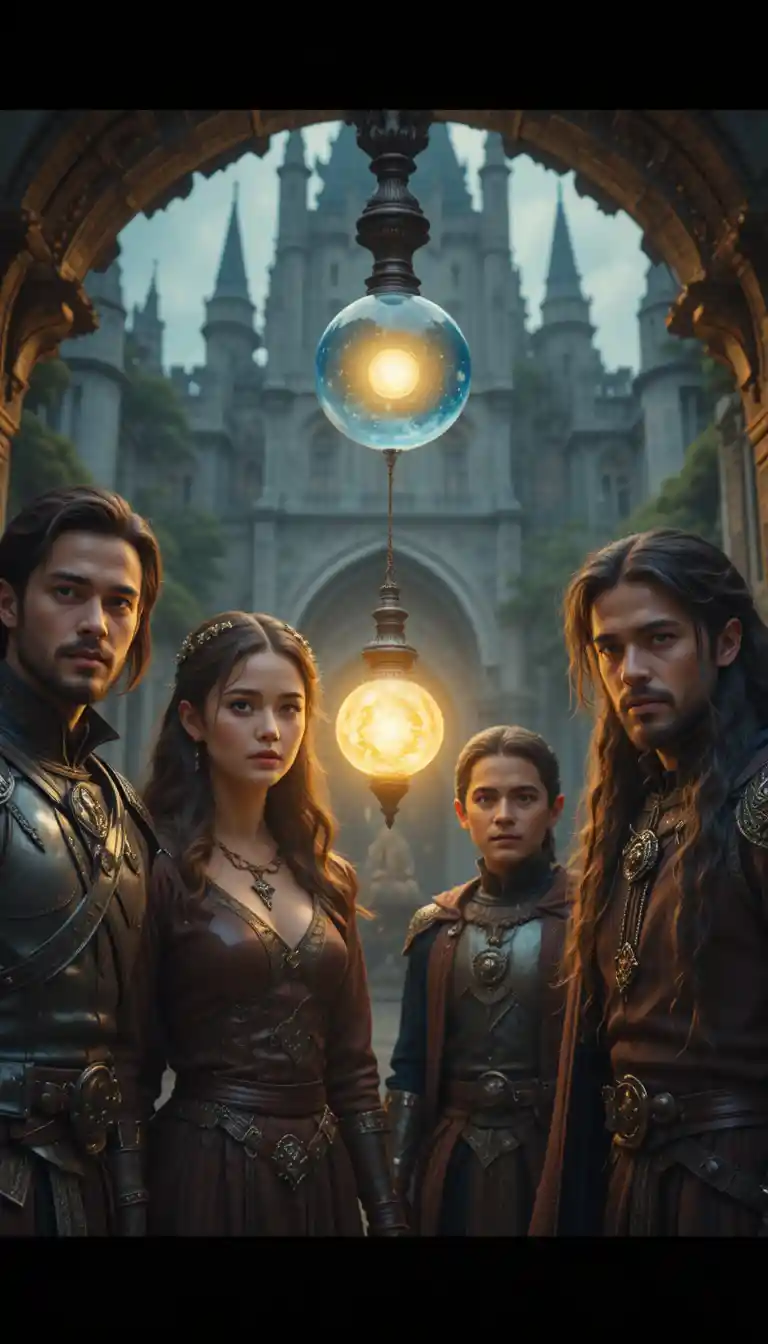 Quatre aventuriers fantastiques devant un orbe de château lumineux
