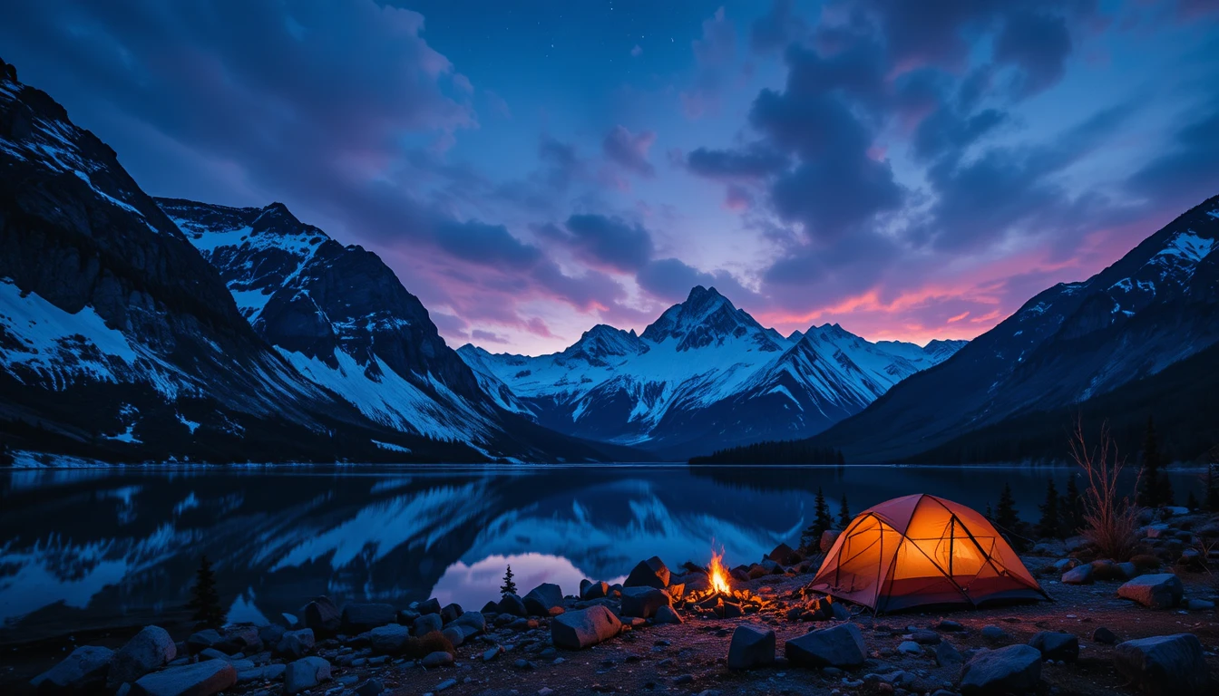 Twilight mountain lake with tent and glowing campfire