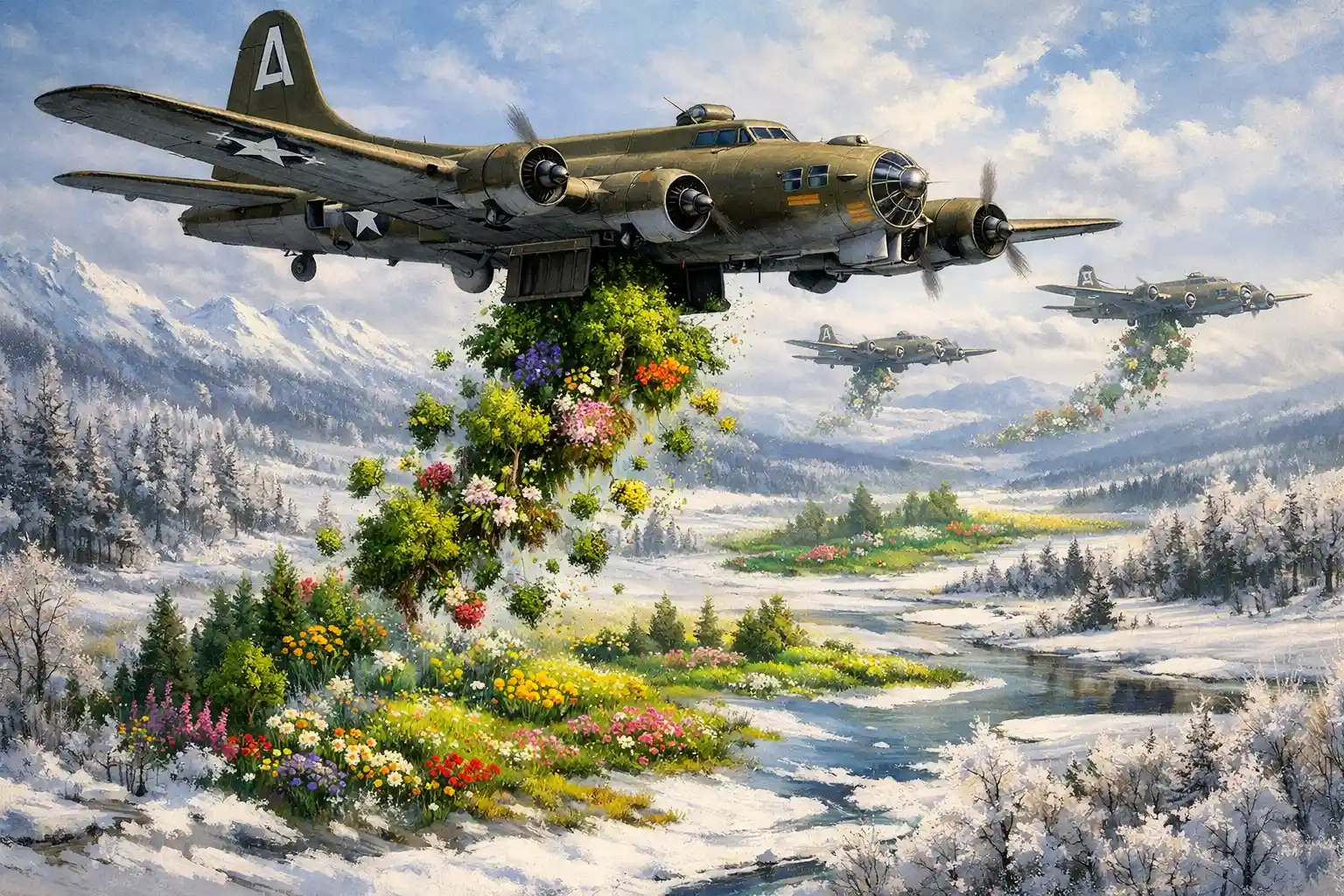 World War II bomber releasing spring over snowy fields
