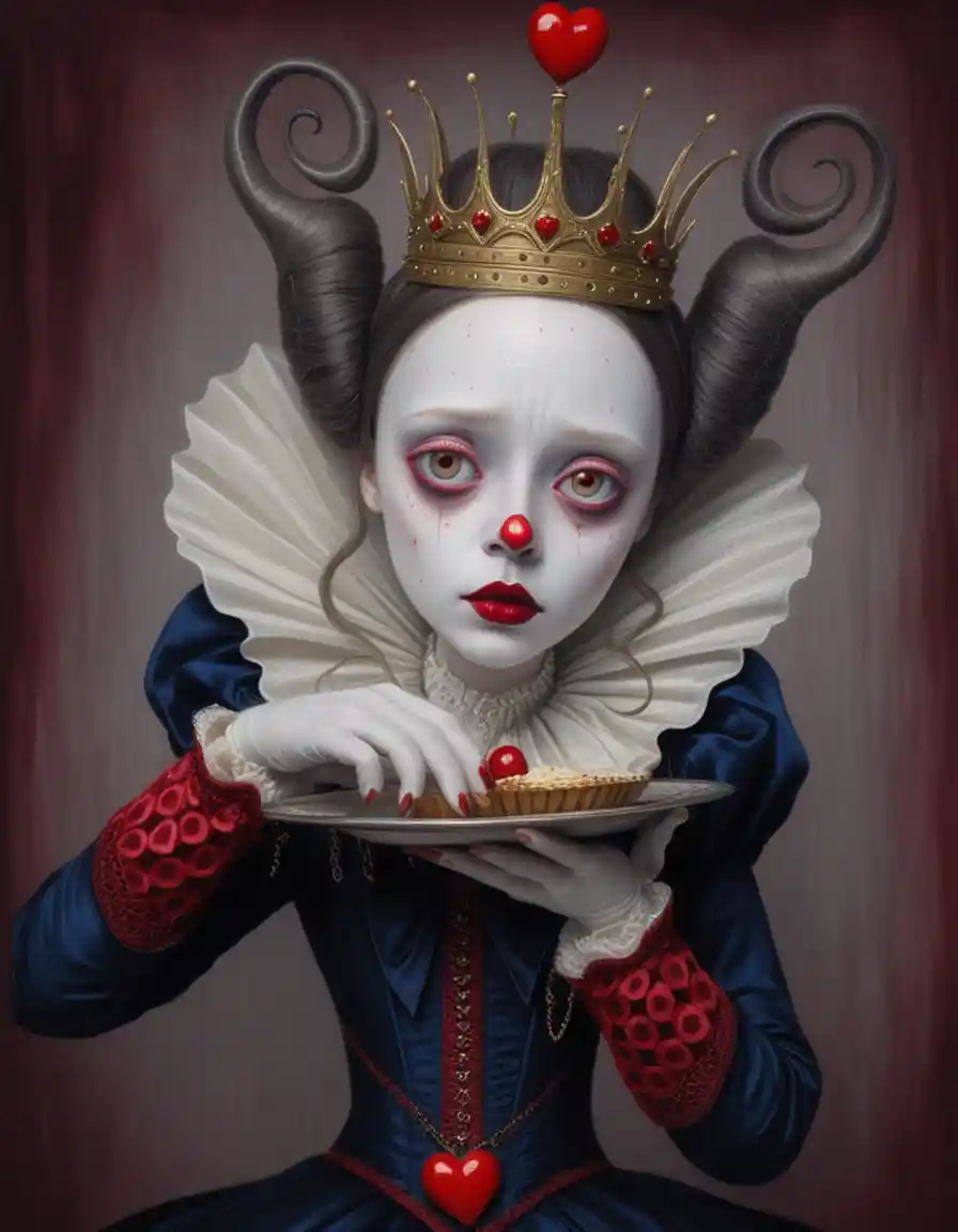 Reina melancólica sosteniendo una tarta en forma de corazón en retrato gótico