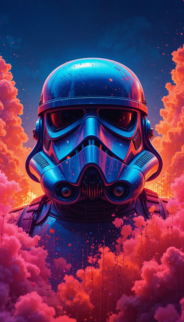 Casque de stormtrooper néon en art numérique abstrait et vif