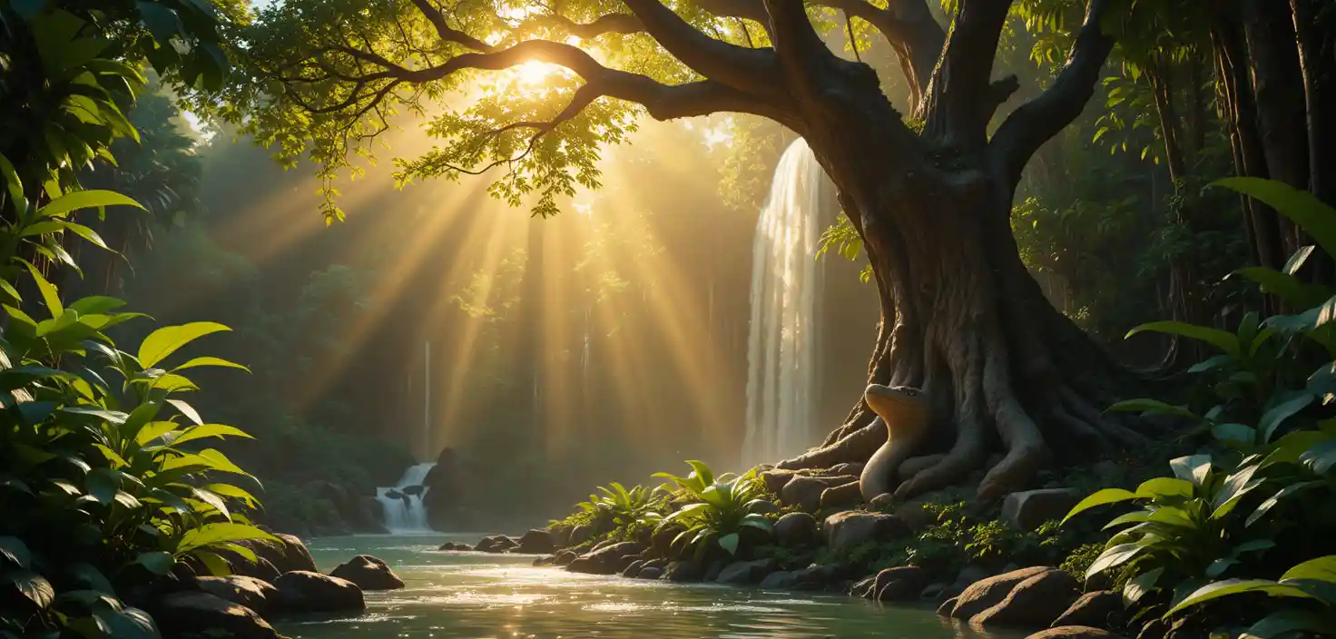 Peaceful boa watching a sunlit jungle waterfall