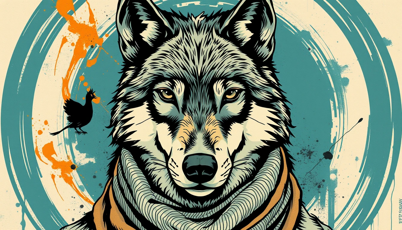 Retrato em close de lobo‑ártico com cachecol e traços marcantes