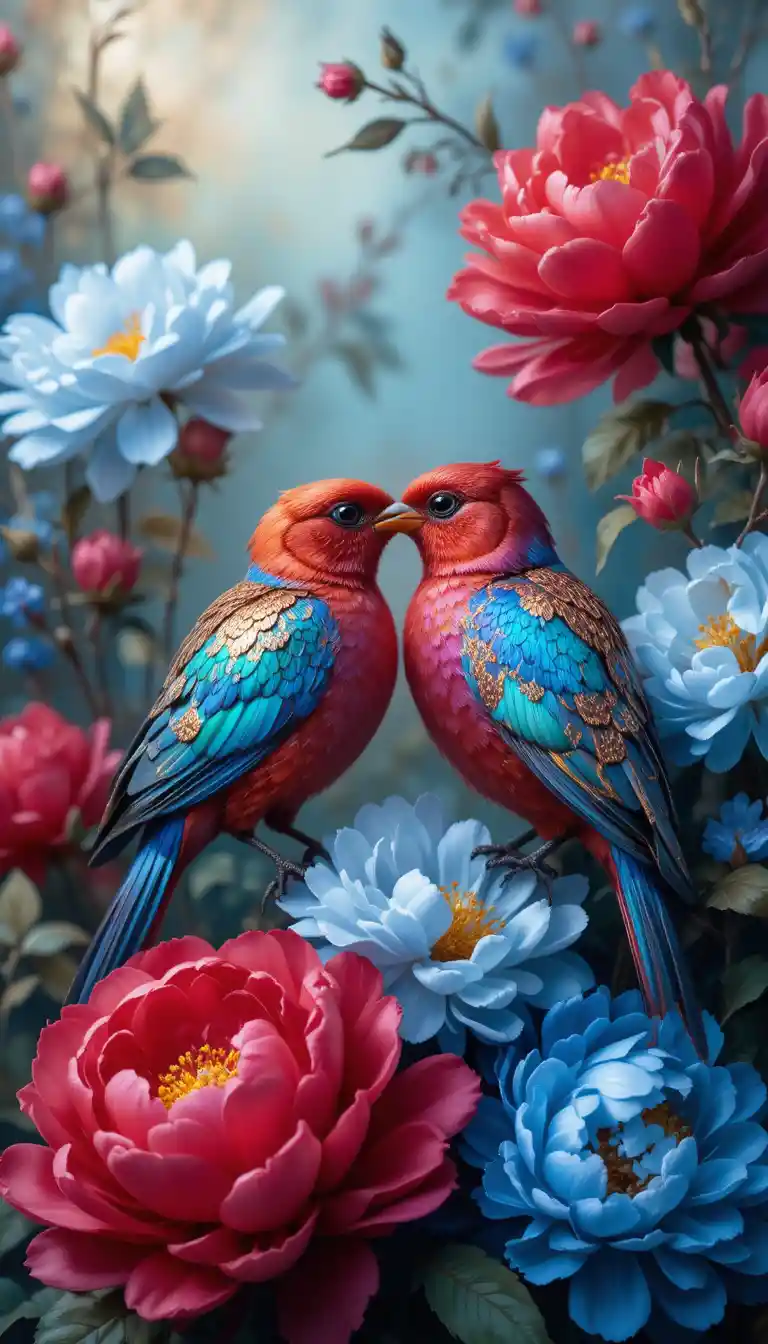 Oiseaux colorés parmi des pivoines rouges et bleues dans une lumière douce