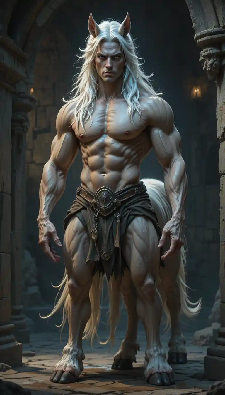 Muscular centaur in dim stone fantasy corridor