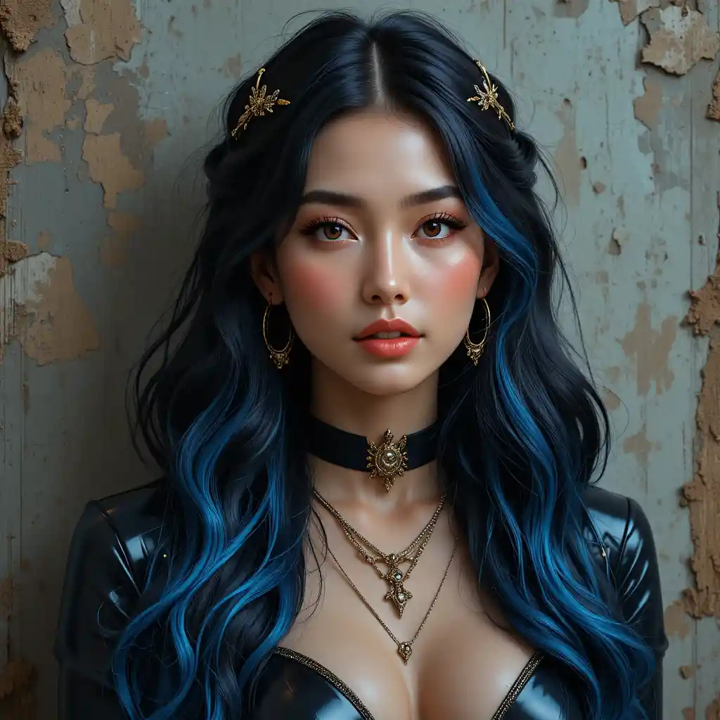 Confident young woman portrait with metallic fashion details