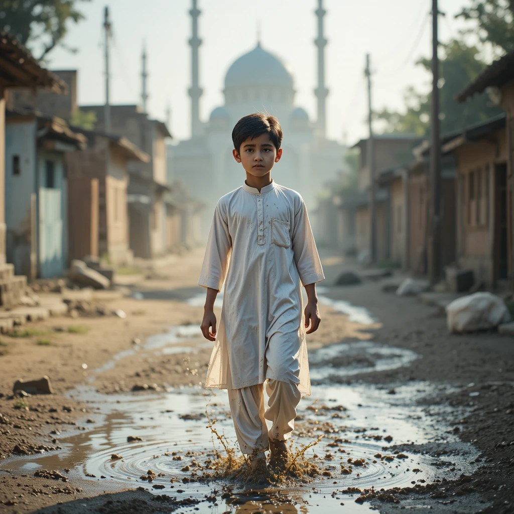 Junger Junge im weißen Shalwar Kameez auf dem Weg zur Moschee