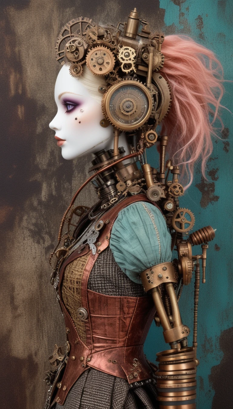 Steampunk-Gothic-Ragdoll-Frau im Profil in voller Körperansicht