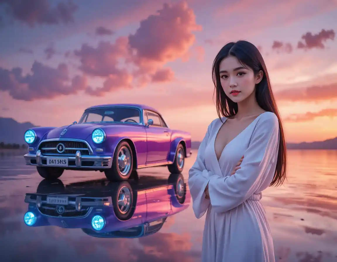 Purple classic convertible car at dusk with young woman