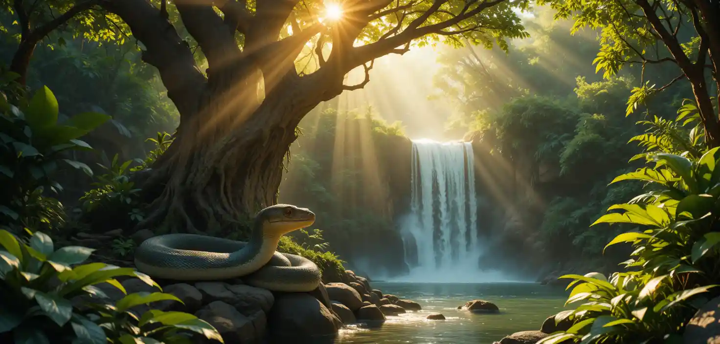 Boa pacífica descansando junto a una cascada selvática bañada por el sol