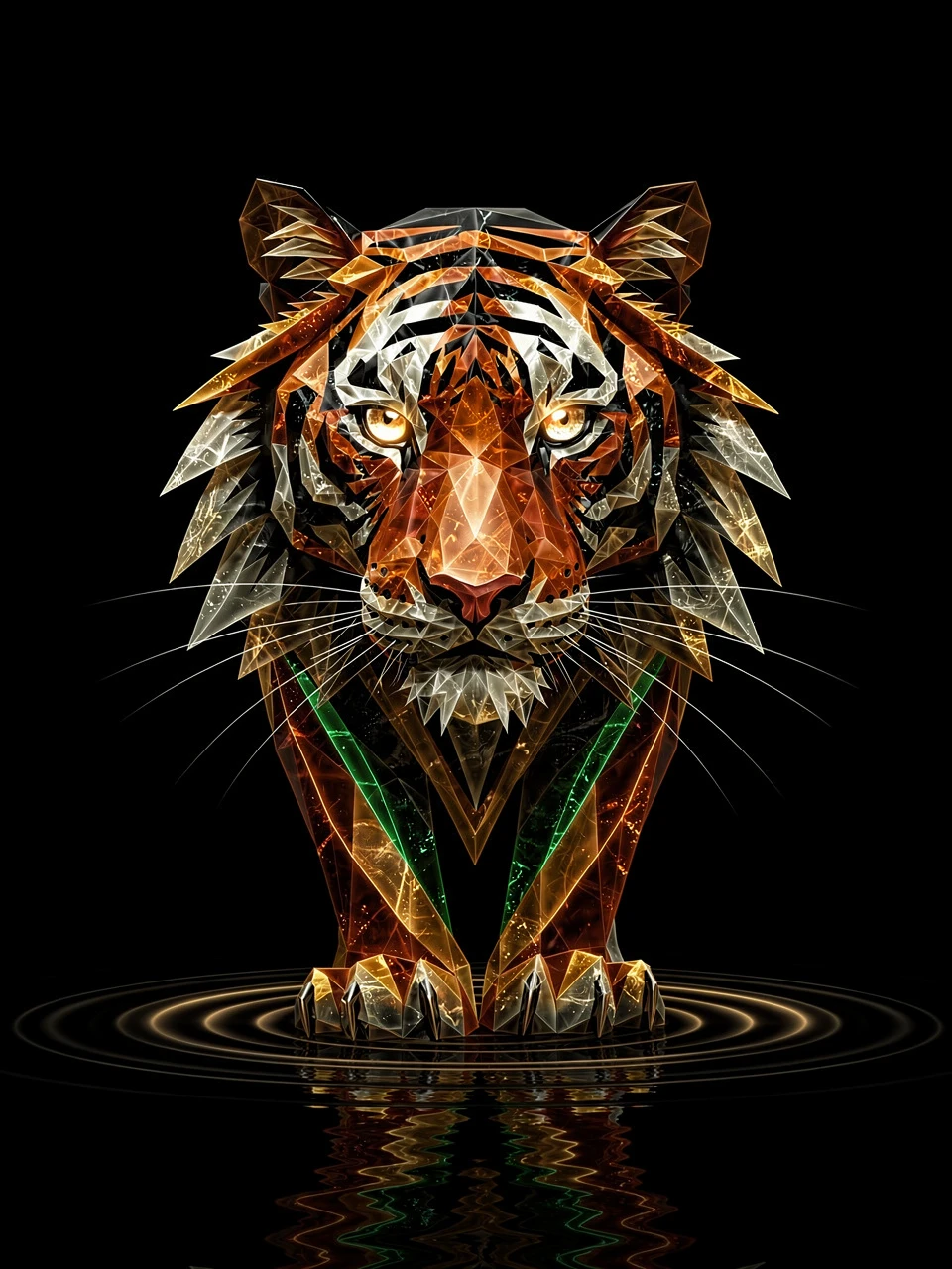Abstraktes geometrisches Tigerporträt mit leuchtenden prismatischen Augen