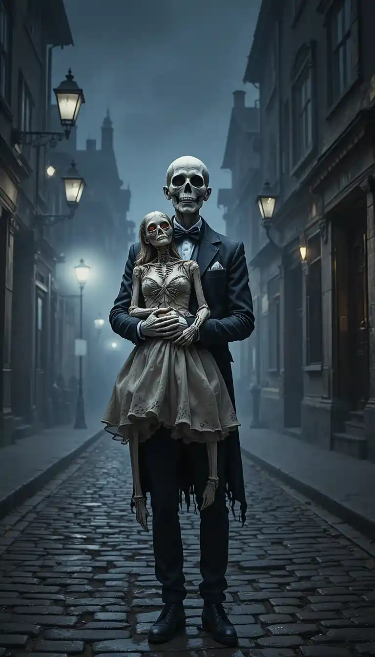Skeletal couple dancing on a foggy gothic city street