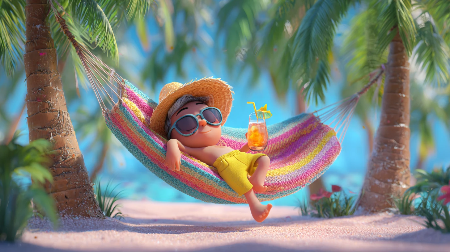 Mago chibi relajándose en una hamaca en una playa soleada