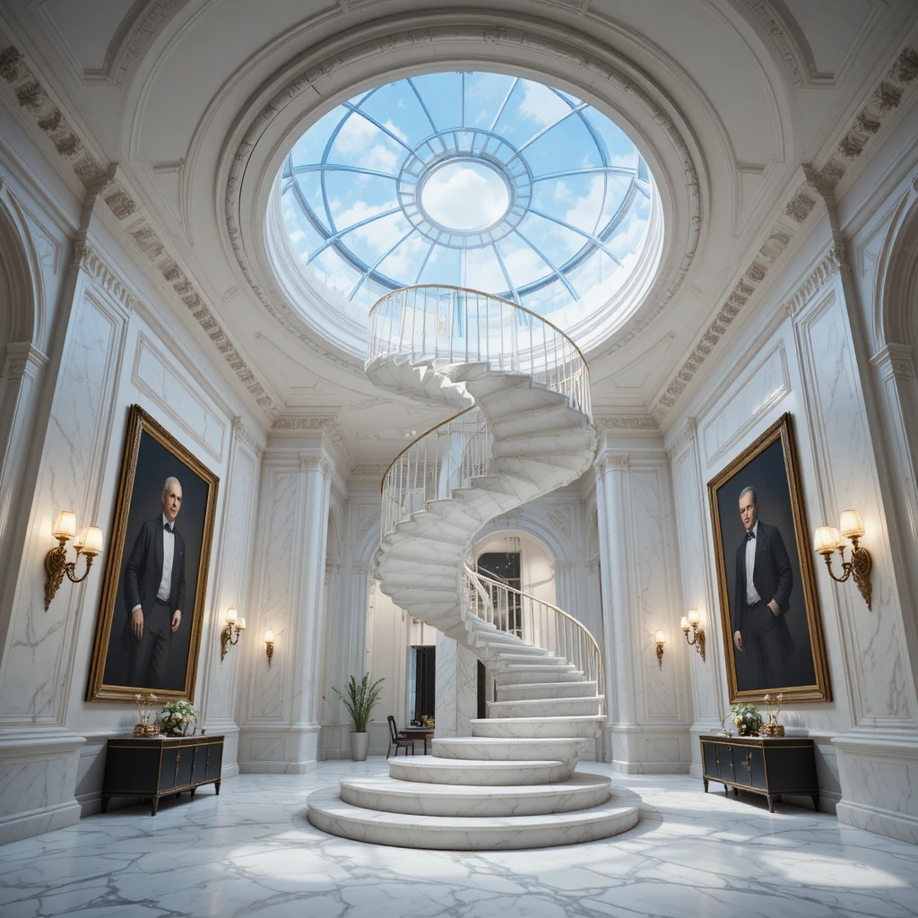 Interior luxuoso em mármore com escada em espiral dramática