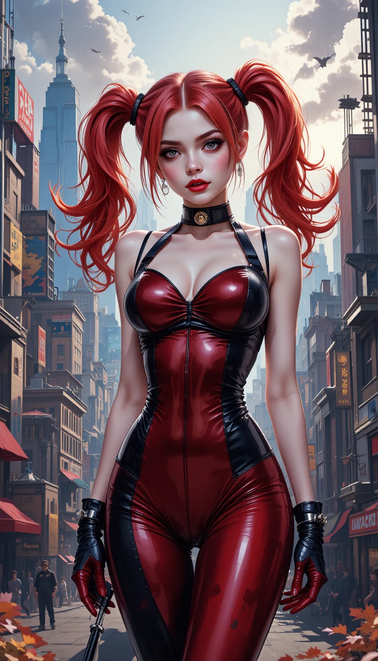 Mulher inspirada na Harley em vermelho e preto diante do horizonte da cidade