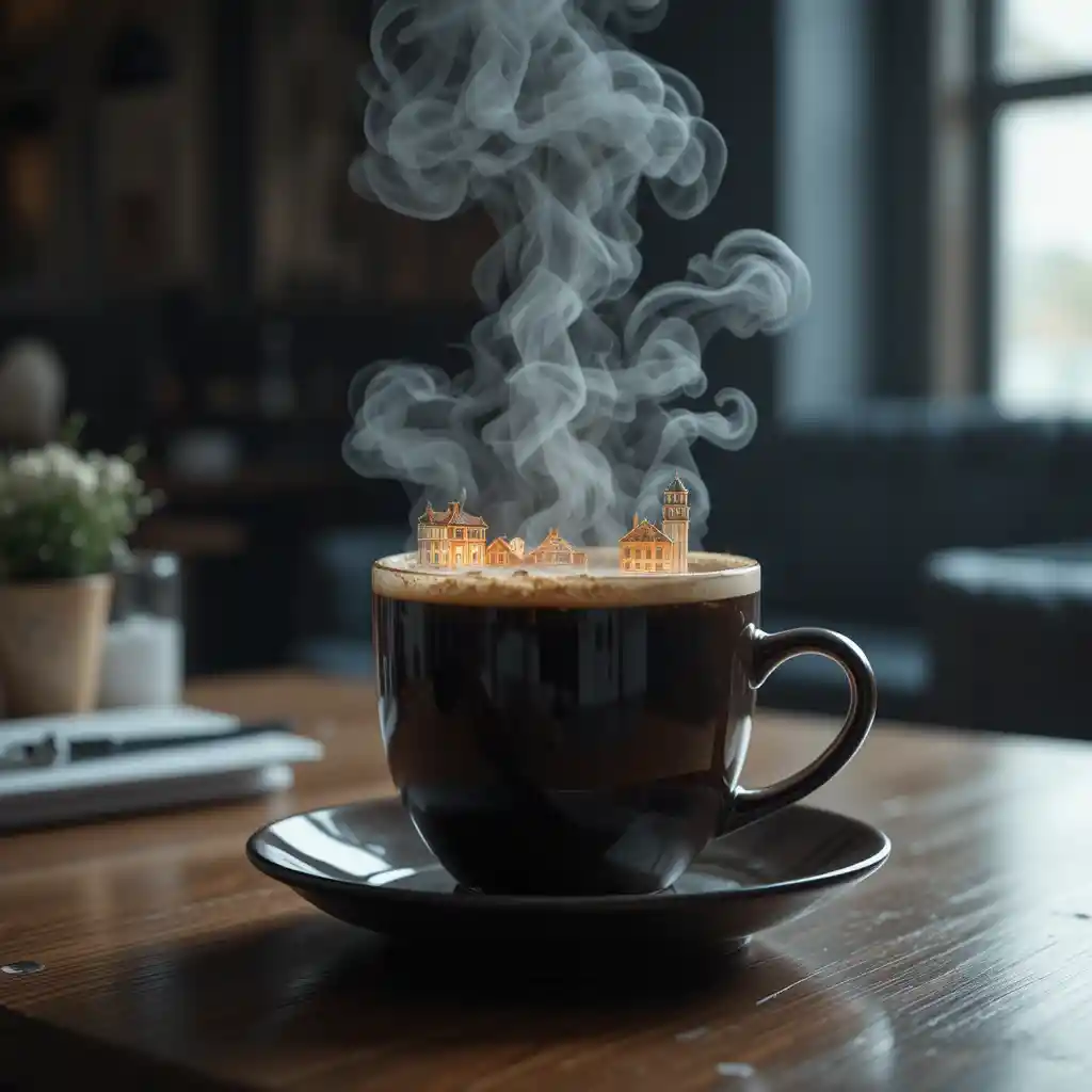 Tasse de café avec vapeur holographique projetant de minuscules paysages