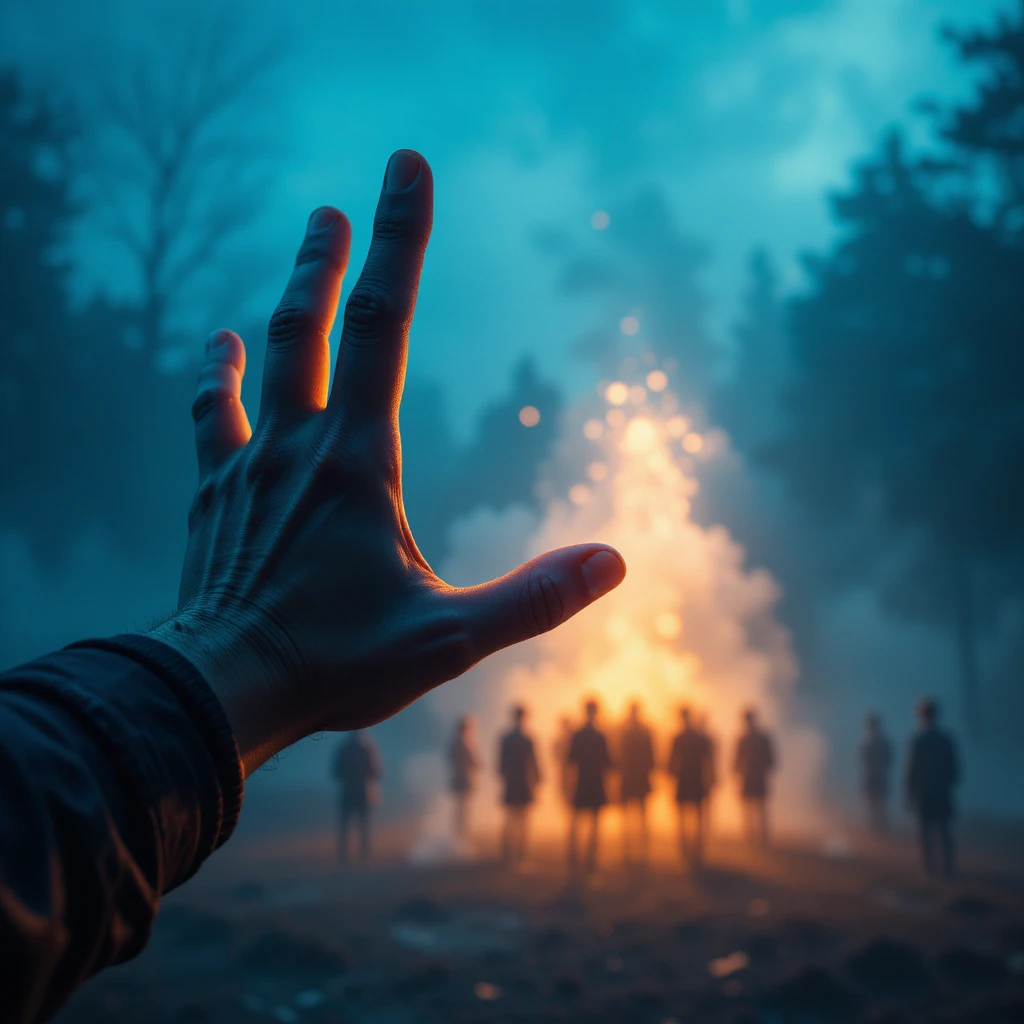 Mano umana che porge un filo luminoso verso uno schermo digitale