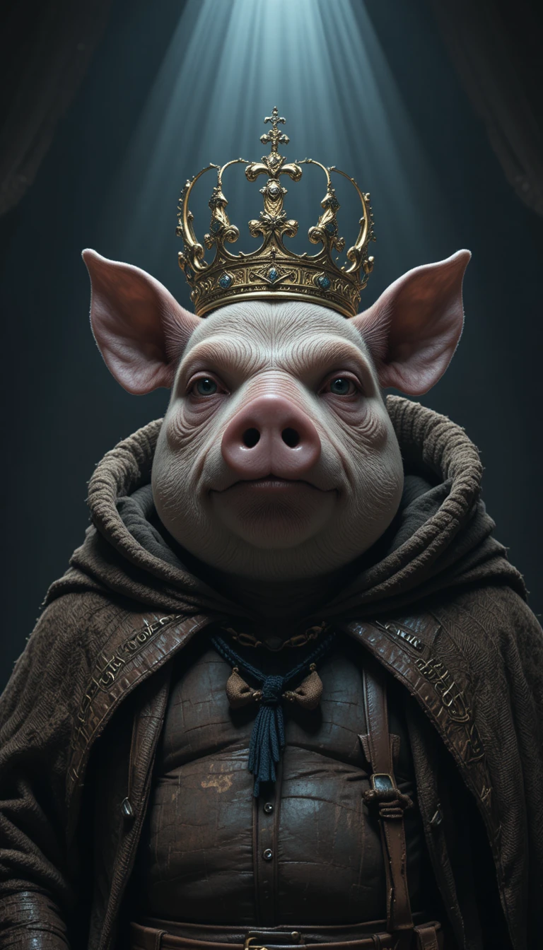 Personnage de cochon CGI royal avec couronne sous un projecteur dramatique