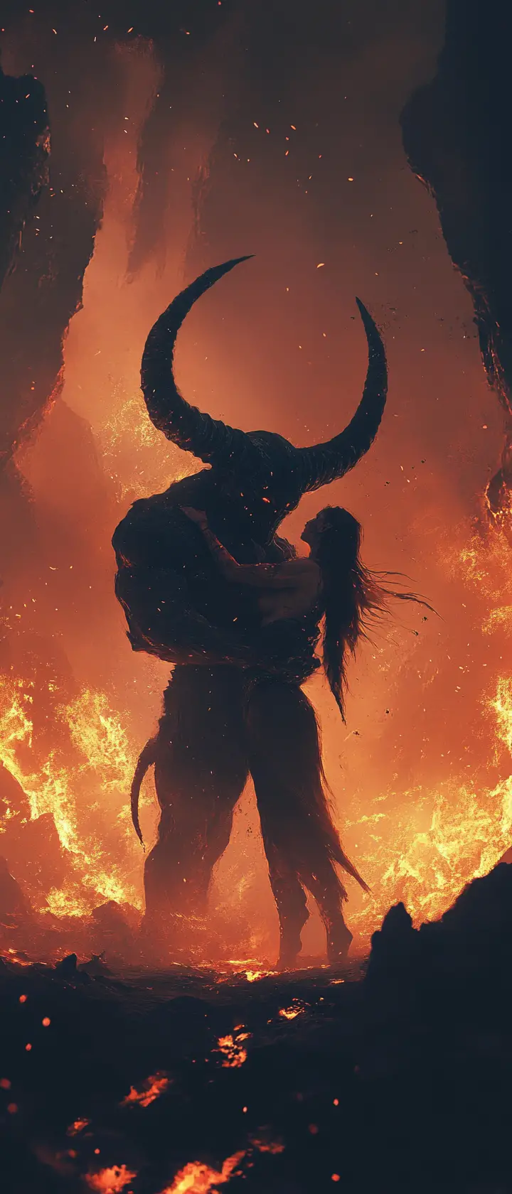 灼熱の火山の夜に魔王が魔女をキスする