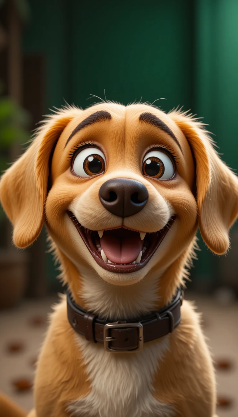 Happy golden brown dog with big eyes and wide grin
