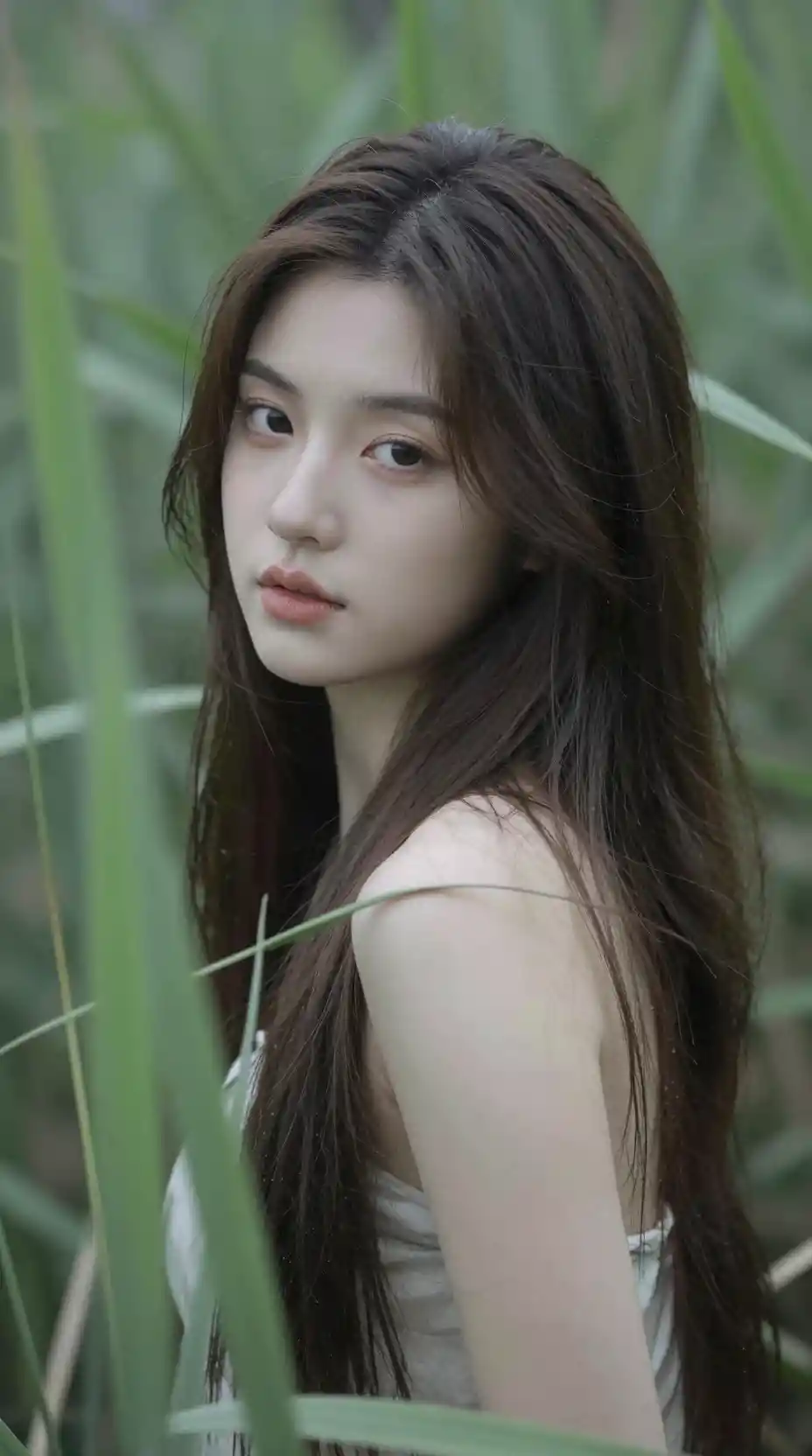 Young woman hidden behind tall green reeds