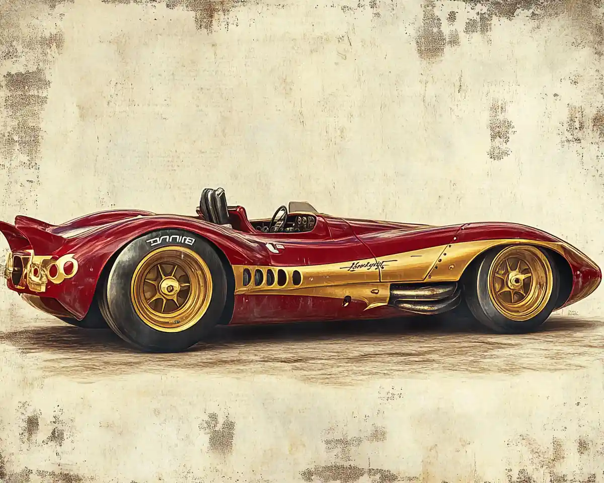 Auto da corsa rossa d’epoca su sfondo monocromatico consumato