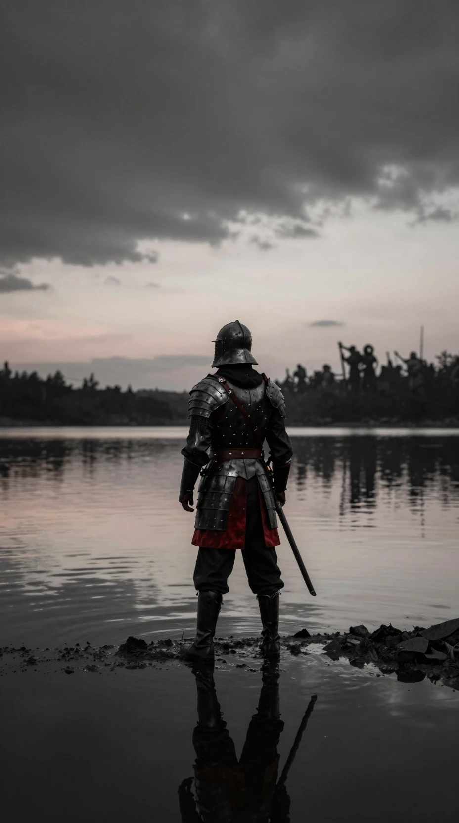 Lone warrior in black and red armor standing on a lake