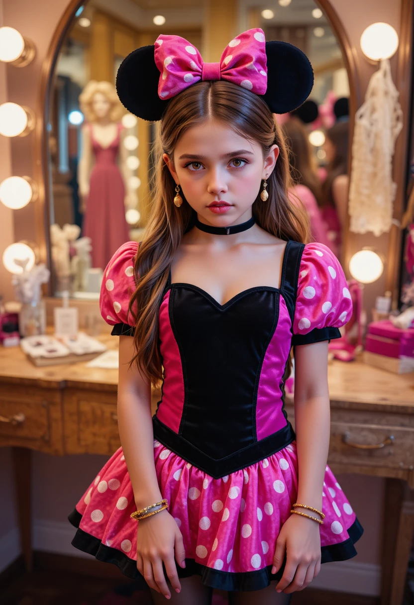 Pré-adolescente nervoso com roupa da Minnie Mouse em penteadeira de boutique