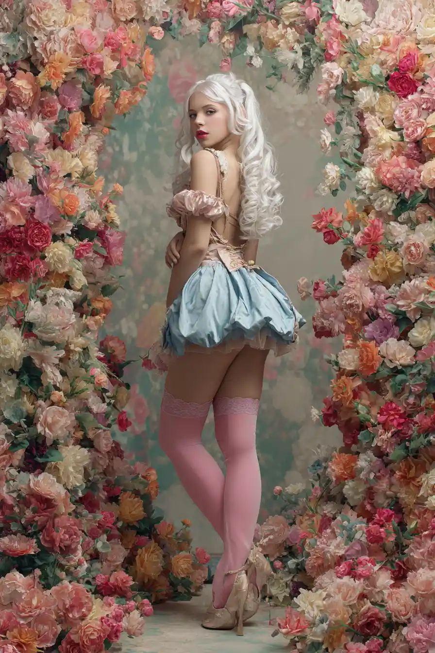Modern rococo girl with flowing white hair in flowers
